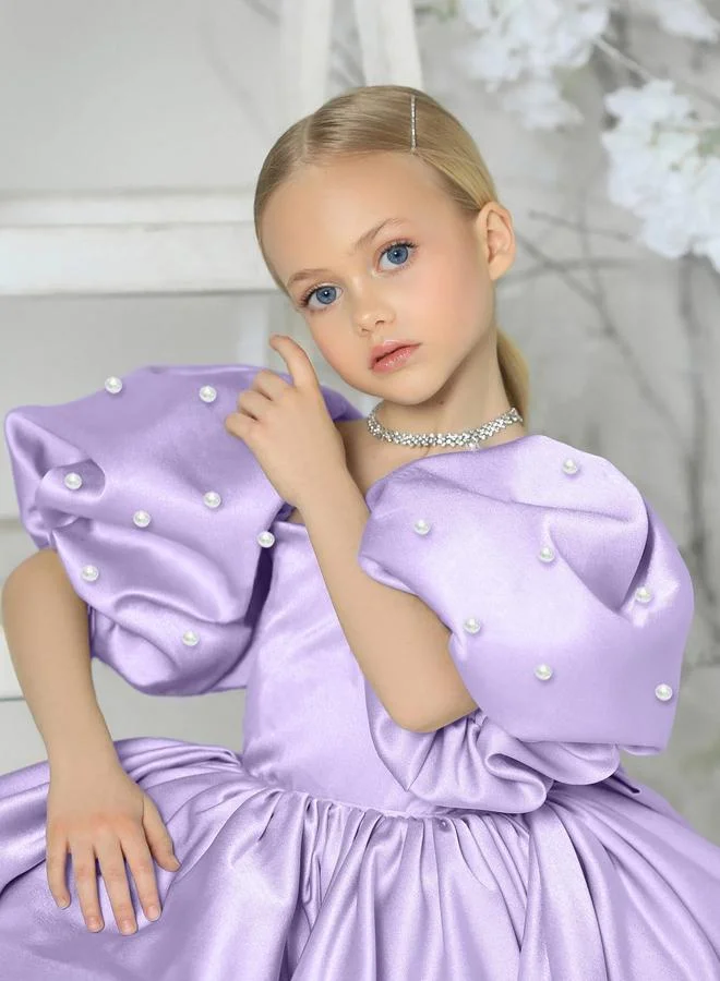 Take Two  Girls Purple Satin Puff Sleeve Faux Pearls Detail Dress for Women | Best Price UAE